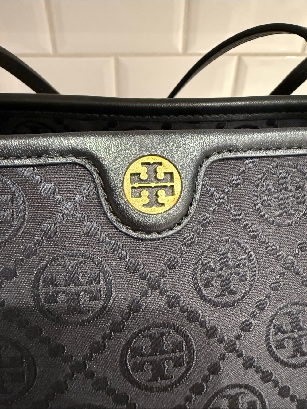 Tory Burch Black Jacquard Logo Tote with Gold Accent - Picture 2 of 7